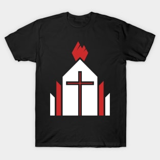 The cross of the Lord Jesus Christ on the background of the building, from above the flame of the Holy Spirit. T-Shirt